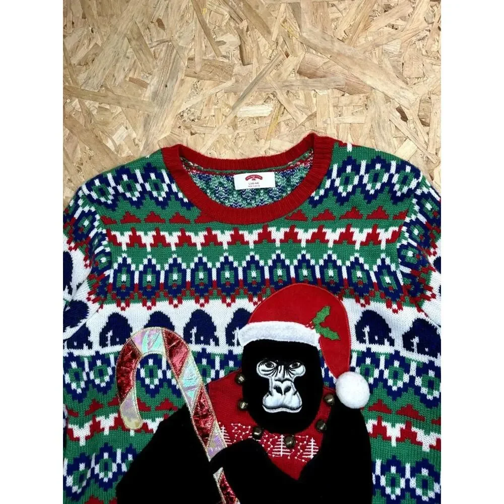 Holiday Time Ugly Christmas Sweater Mens Large Gorilla Santa Hat Candy Cane Knit